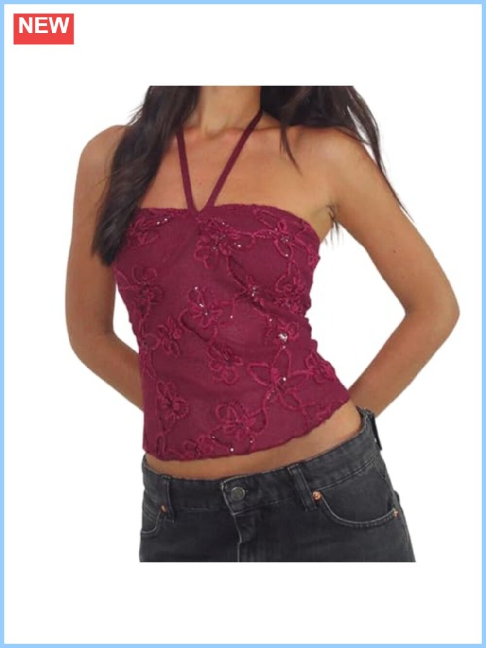 Sequin Floral Halter Neck Sleeveless Tie Back Crop Top